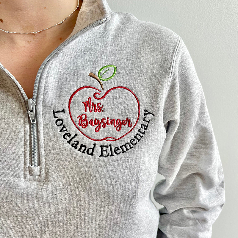 Personalized Name And School Apple Embroidered Teacher Quarter Zip Sweatshirt