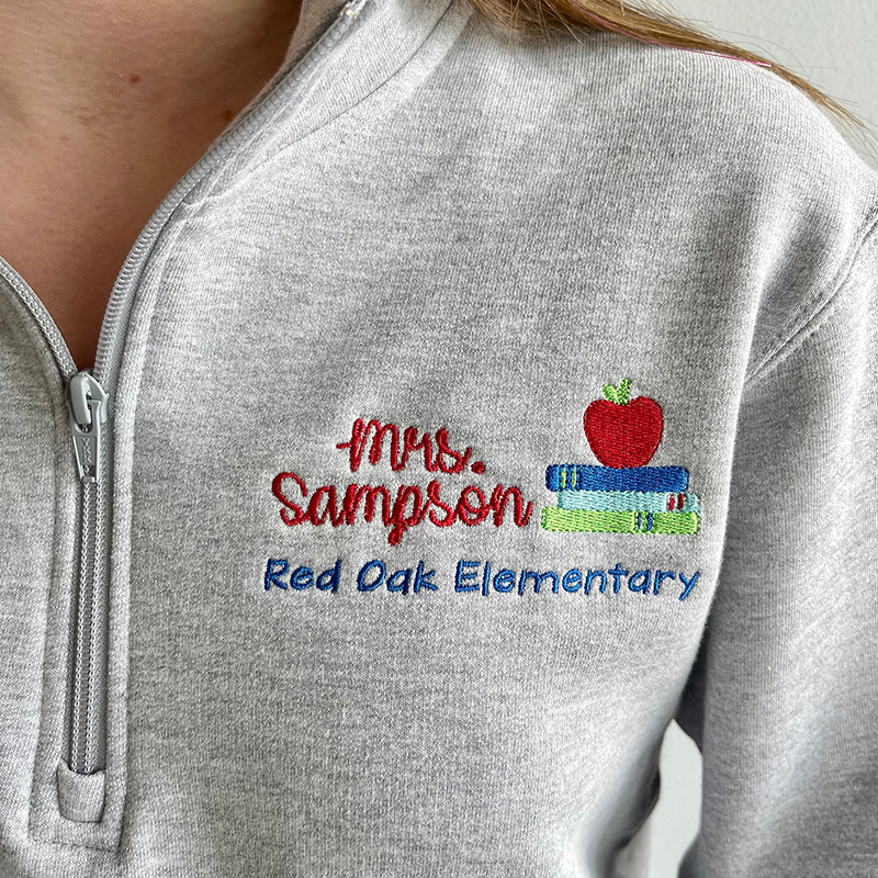 Personalized Name Apple Book Embroidered Teacher Quarter Zip Sweatshirt
