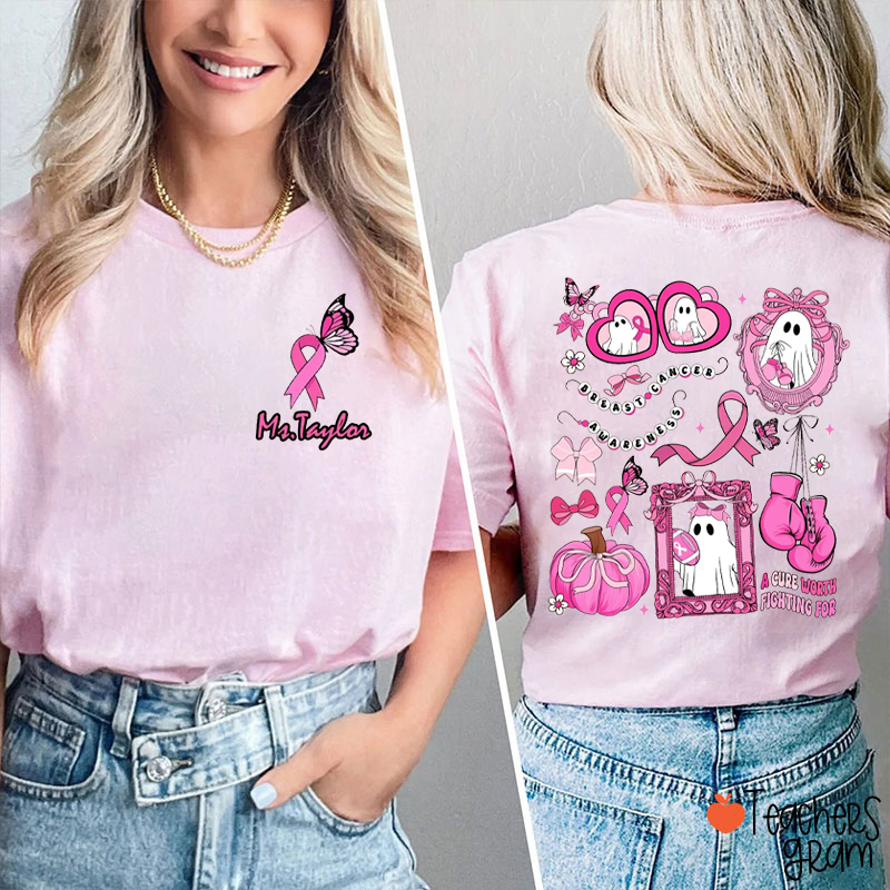 Personalized Name Breast Cancer Awareness Teacher Two Sided T-Shirt