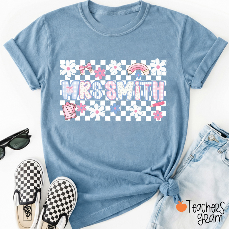 Personalized Name Checkered Preppy Teacher T-Shirt