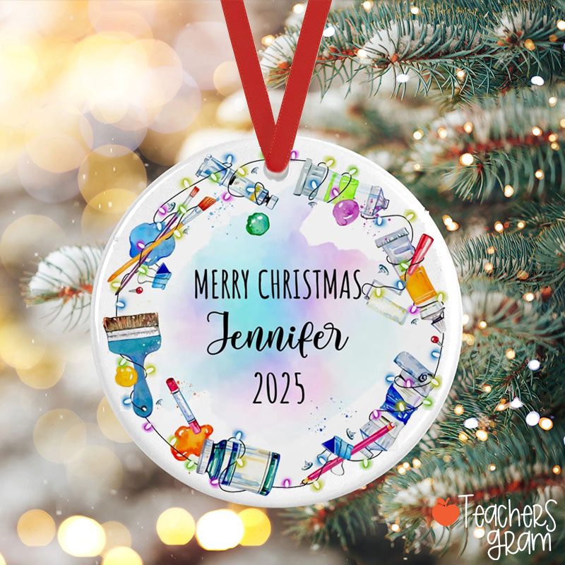 Personalized Name Drawing Merry Christmas Teacher Ceramic Christmas Ornament