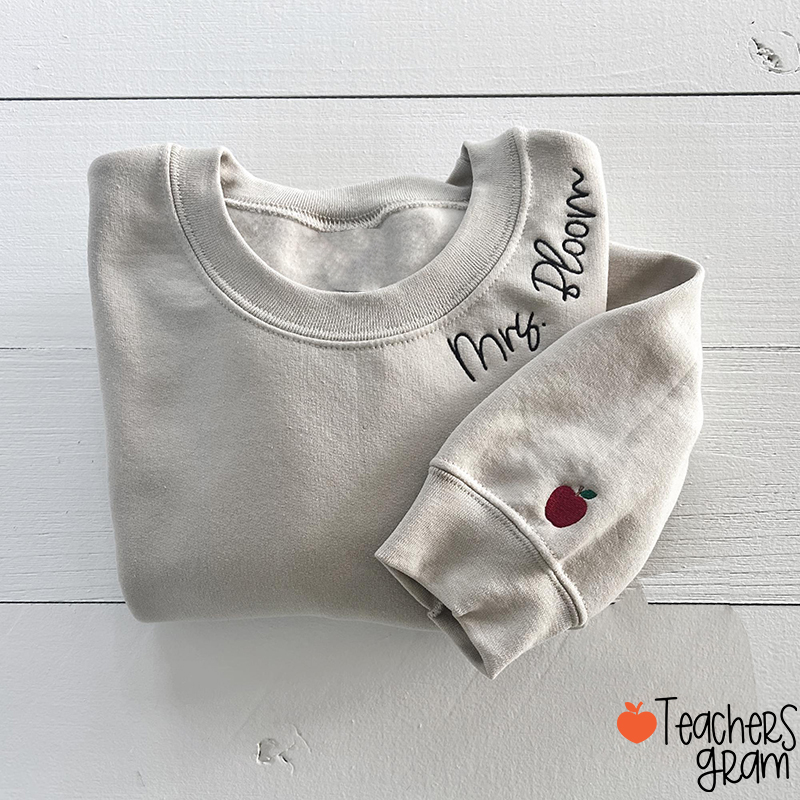 Personalized Name Apple Sleeve Teacher Embroidered Sleeve Sweatshirt