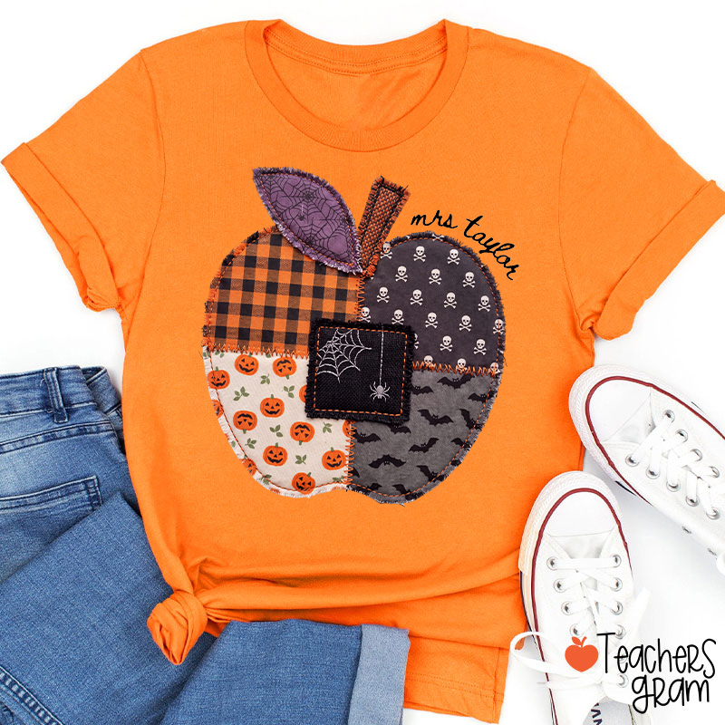 Personalized Name Faux Patchwork Halloween Apple Graphic Teacher T-Shirt