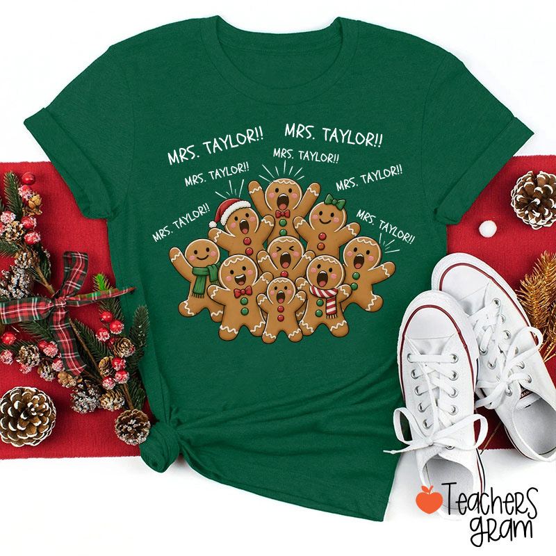Personalized Name Gingerbread Yelling Teacher Christmas Teacher T-Shirt