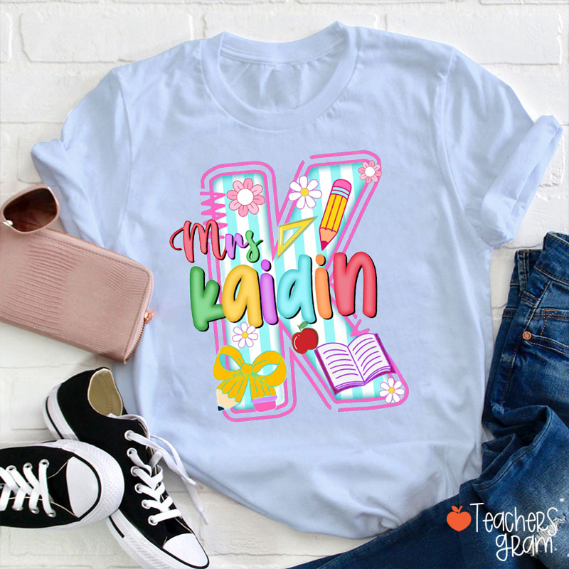 Personalized Name Initials Pencil Book Flowers Teacher T-Shirt