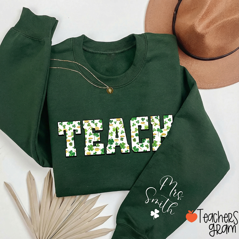 Personalized Name One Lucky Teacher Sleeve Print Sweatshirt