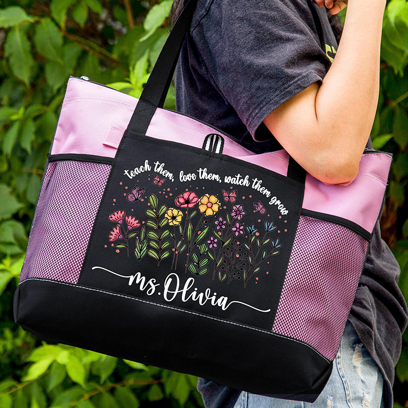 Personalized Name Teach Them Love Them Watch Them Grow Teacher Zip Tote Bag