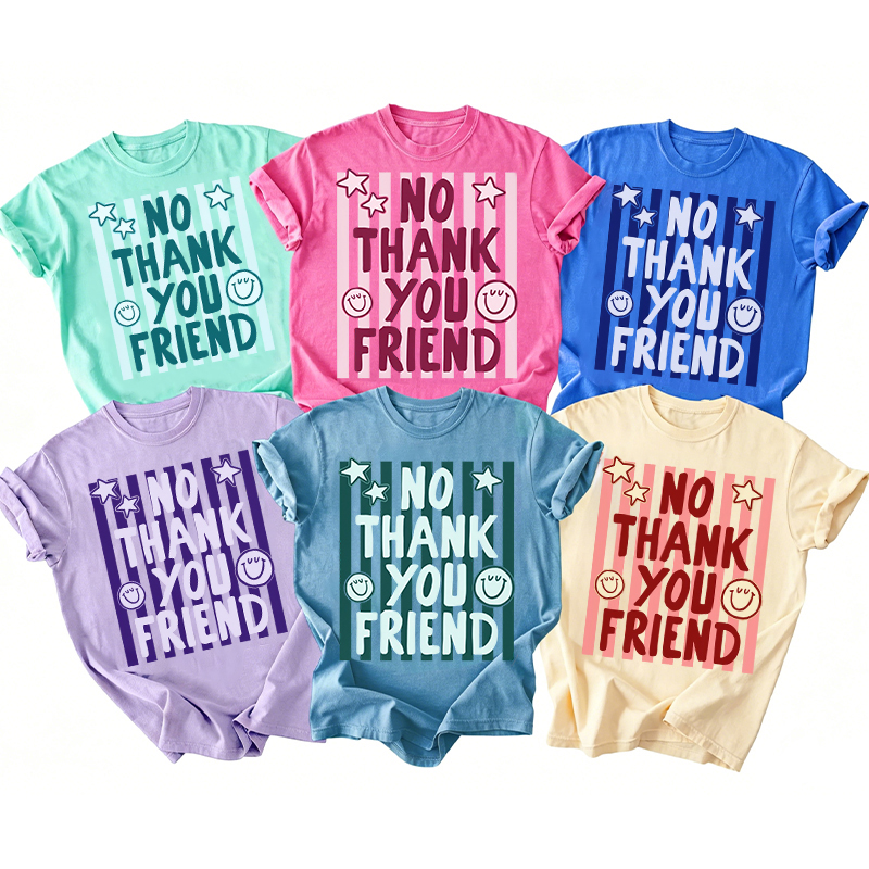  No Thank You Friend Funny Retro Striped Smile Face Graphic Teacher T-Shirt