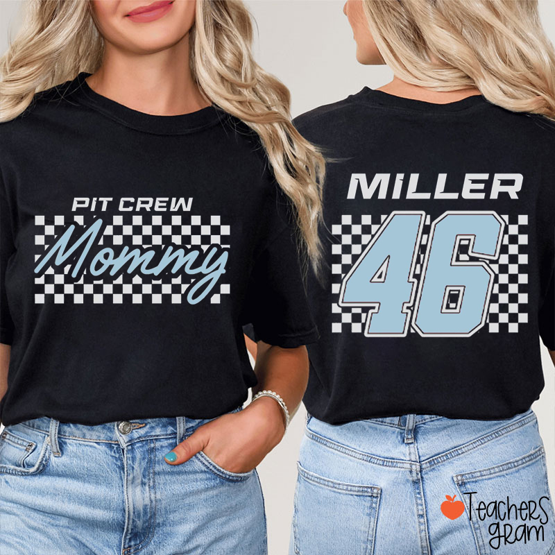 Personalized Pit Crew Birthday Family Teacher Two Sided T-Shirt