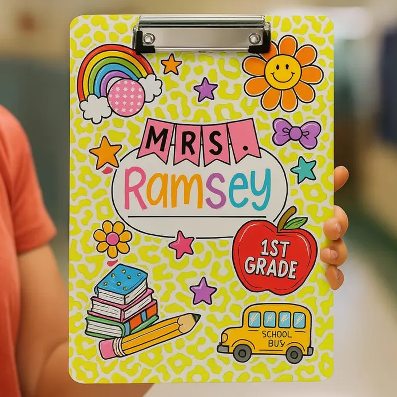 Personalized Rainbow Sunflower Apple Stationery Bus Teacher Clipboard