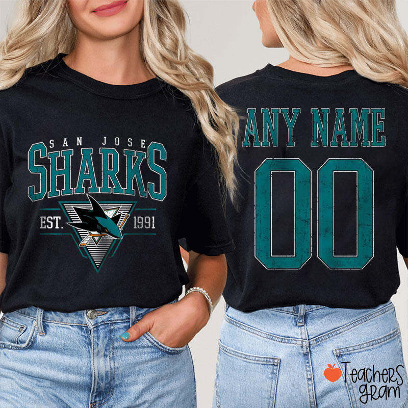 Personalized San Jose Sharks Hockey Teacher Two Sided T-Shirt