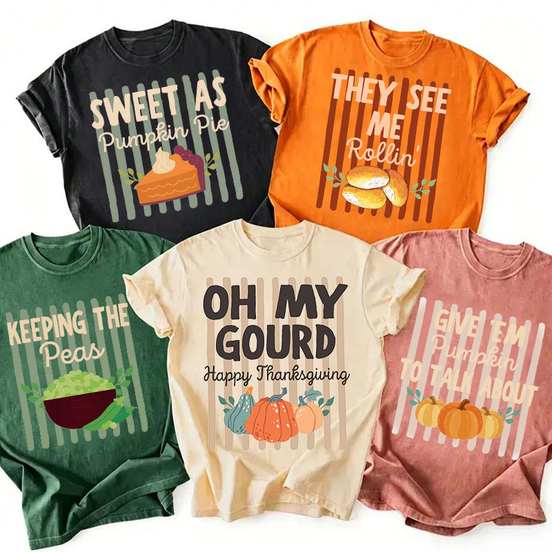 Personalized Striped Thanksgiving Food Items Teacher T-Shirt