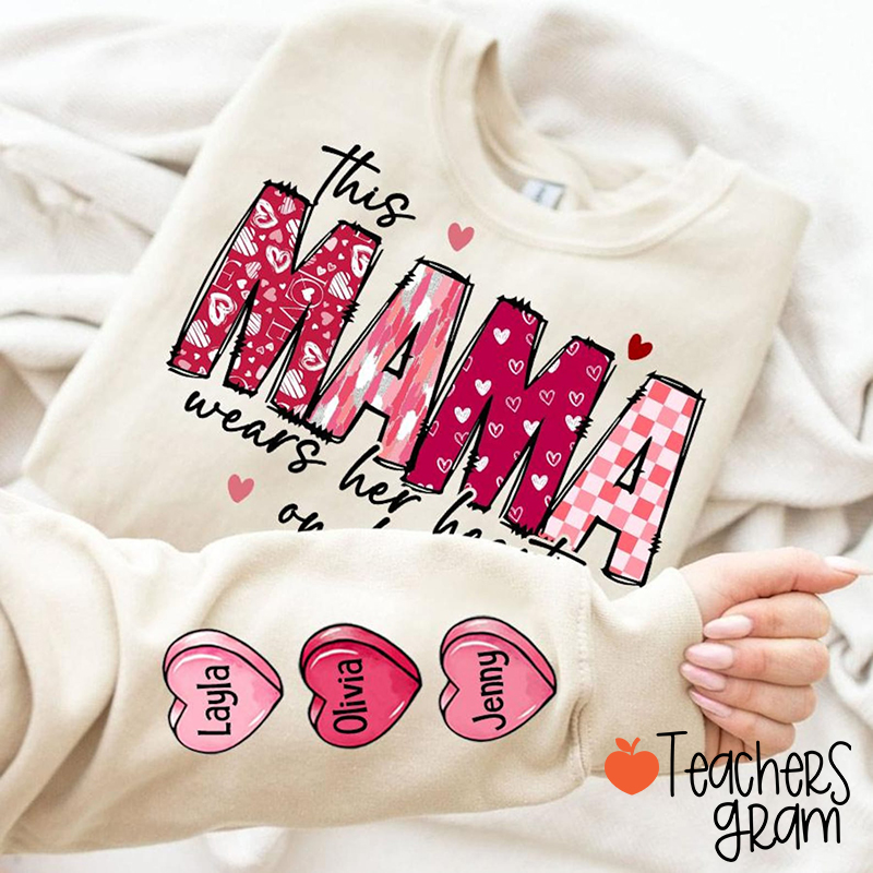 Personalized This Mama Loves Her Hearts On Her Sleeve Teacher Sleeve Print Sweatshirt
