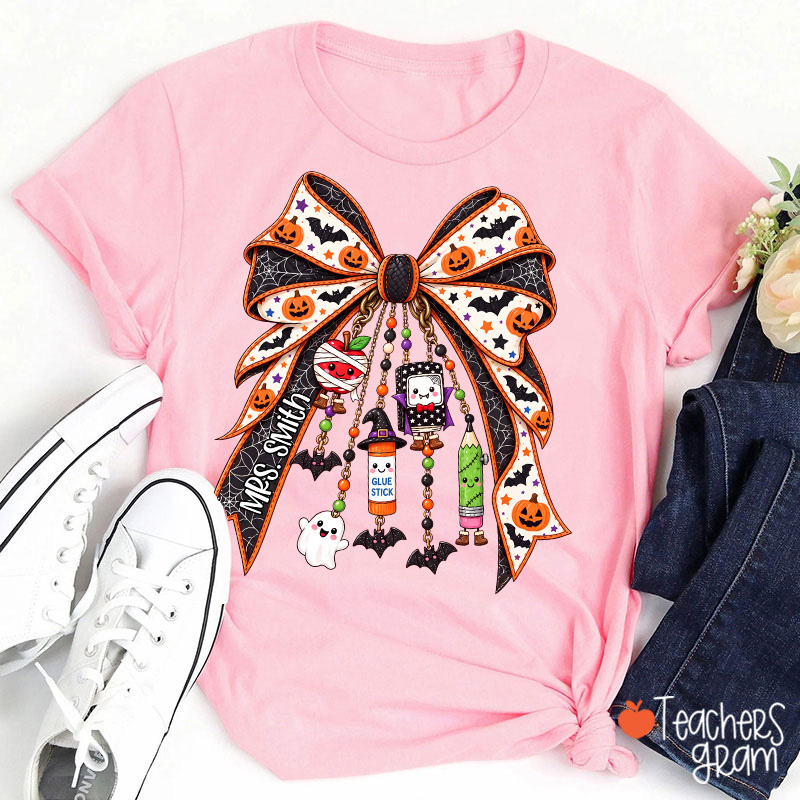 Personalized Name Spooky Charm Bow Teacher T-Shirt