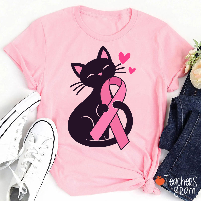 Black Cat Pink Ribbon Love Teacher T-Shirt