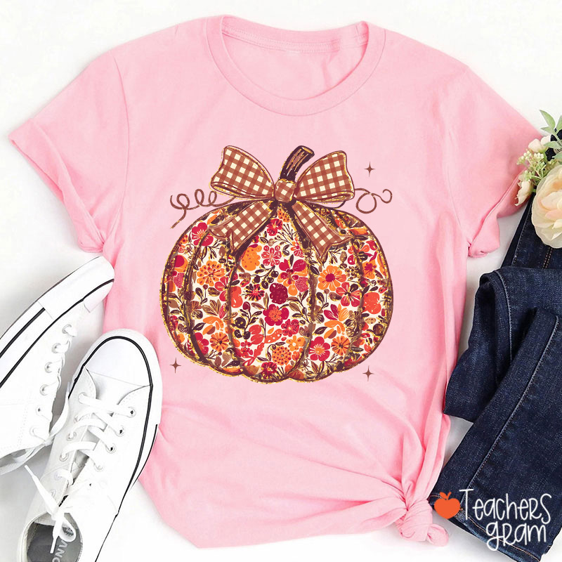 Vintage Floral Plaid Bow Pumpkin Teacher T-Shirt