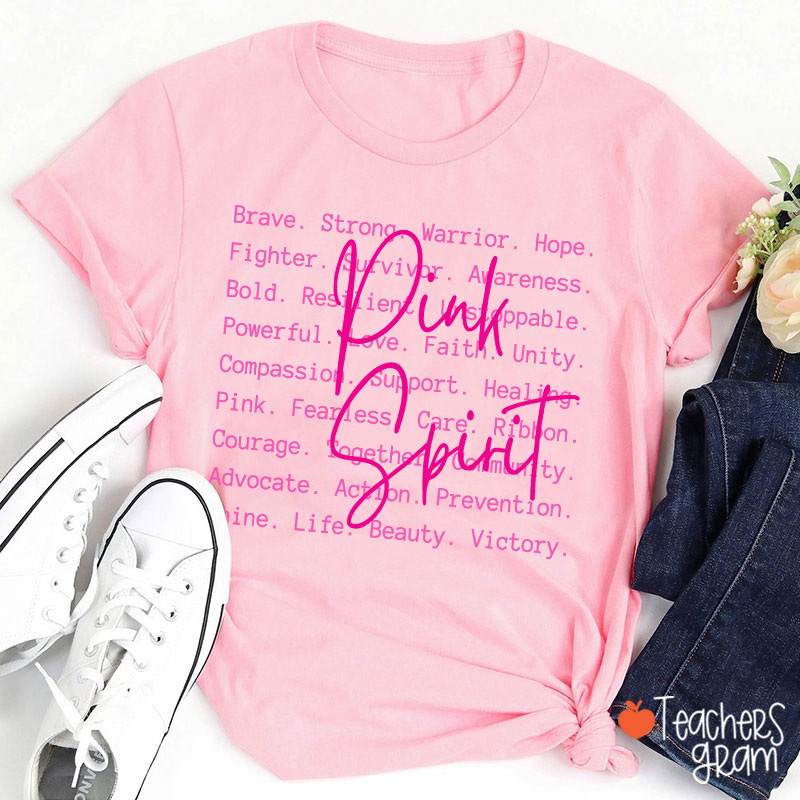 Pink Spirit Motivational Word Collage Graphic Teacher T-Shirt