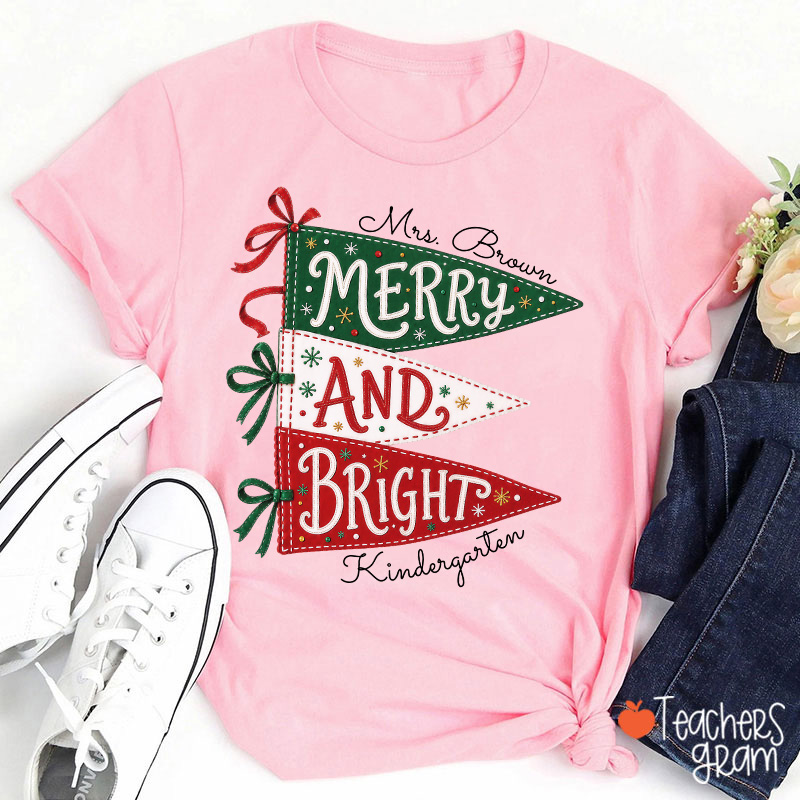 Personalized Name And Grade Merry And Bright Teacher T-Shirt