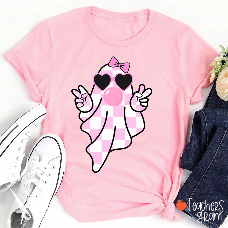 Pink Checkered Ghost Breast Cancer Awareness Teacher T-Shirt