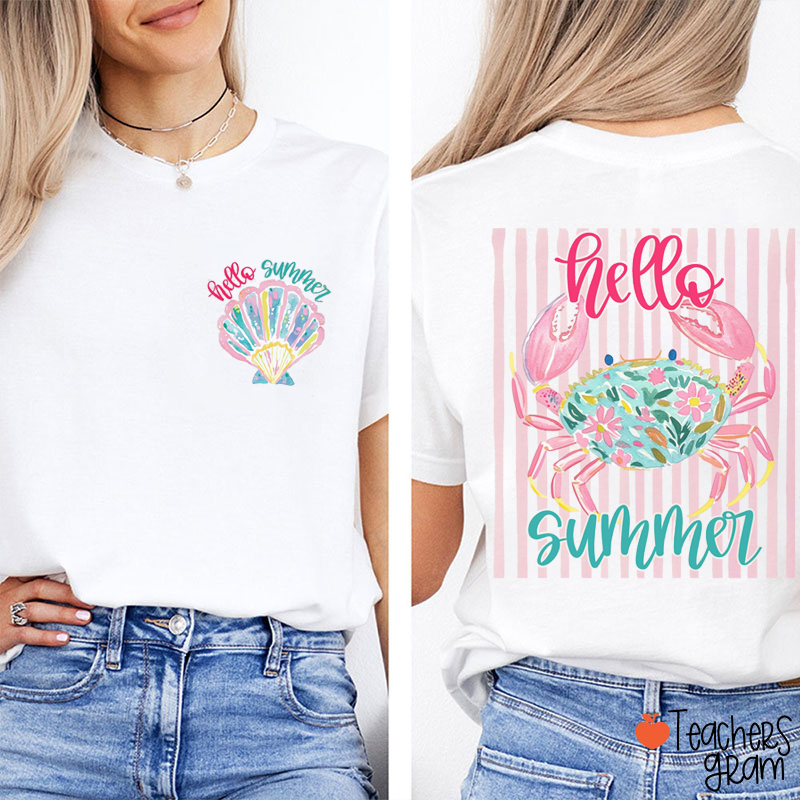Preppy Hello Summer Teacher Two Sided T-Shirt