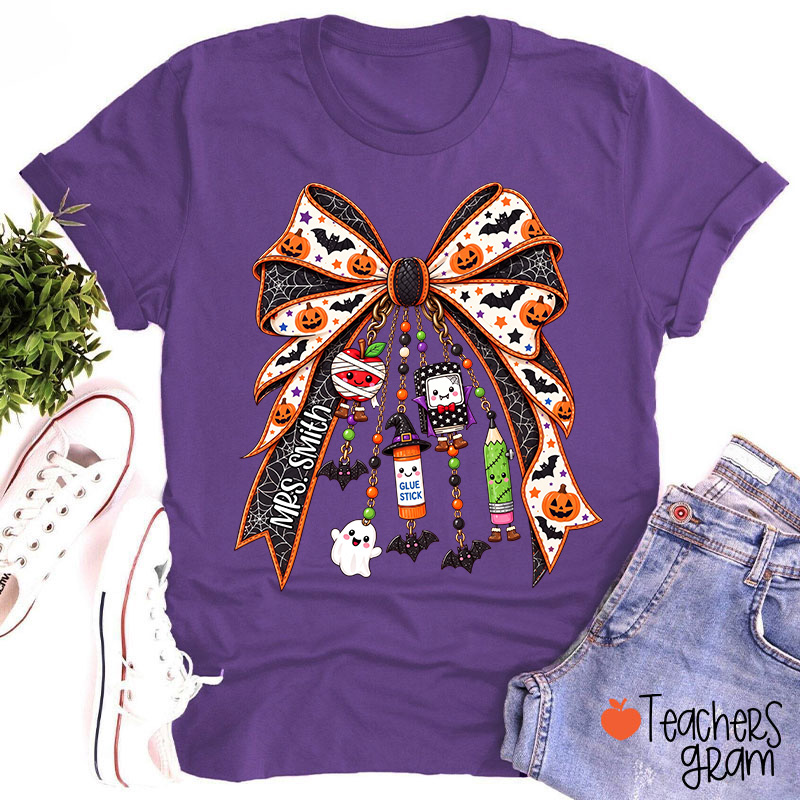 Personalized Name Spooky Charm Bow Teacher T-Shirt