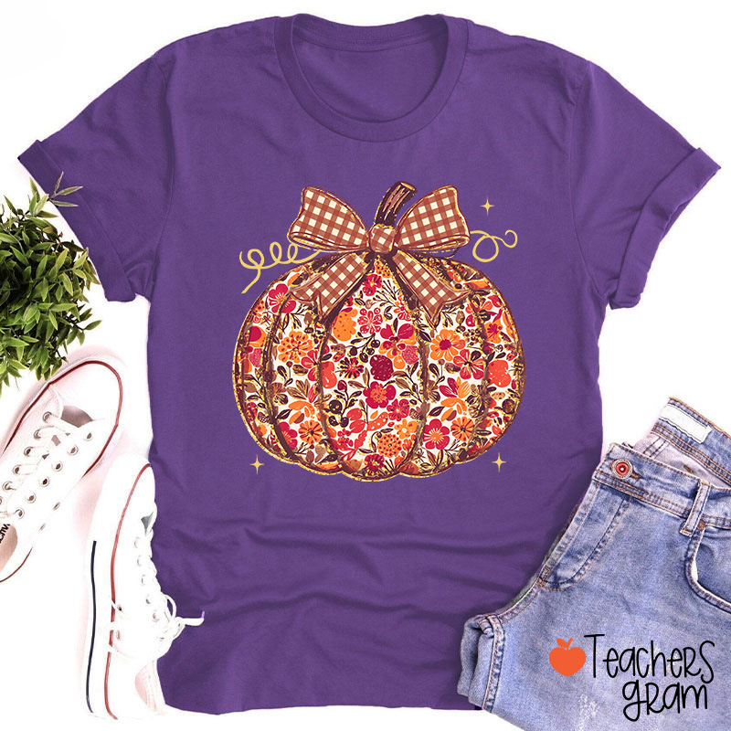 Vintage Floral Plaid Bow Pumpkin Teacher T-Shirt