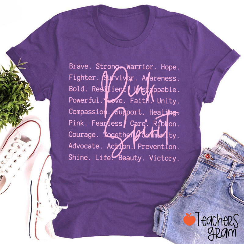 Pink Spirit Motivational Word Collage Graphic Teacher T-Shirt