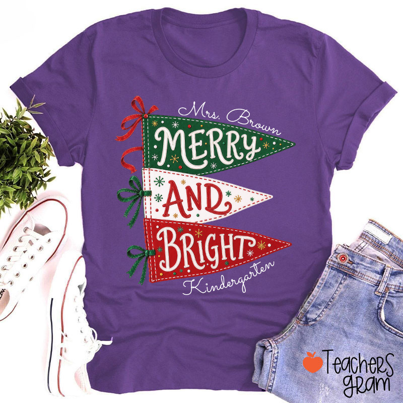 Personalized Name And Grade Merry And Bright Teacher T-Shirt