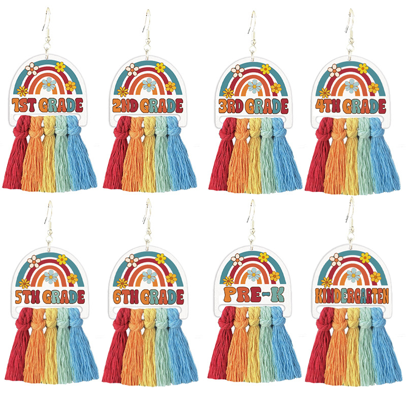 Rainbow Tassel Grade Teacher Wooden Earrings