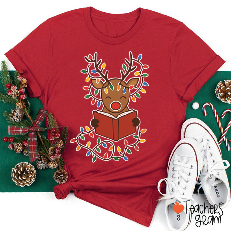 Reading Reindeer Christmas Read Teacher T-Shirt
