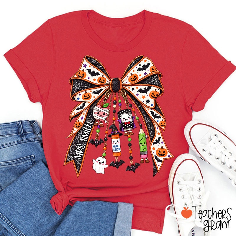Personalized Name Spooky Charm Bow Teacher T-Shirt