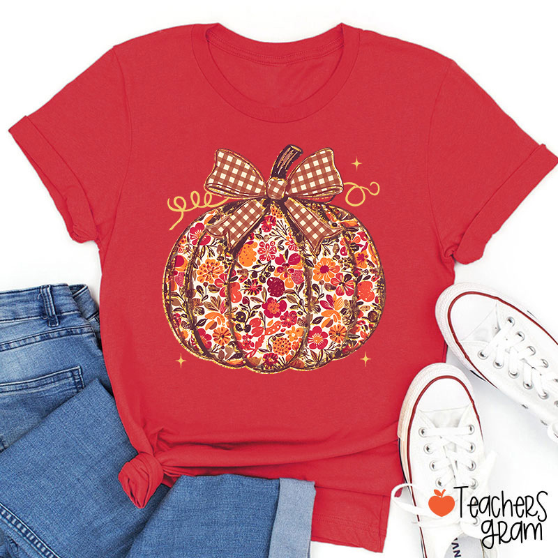 Vintage Floral Plaid Bow Pumpkin Teacher T-Shirt