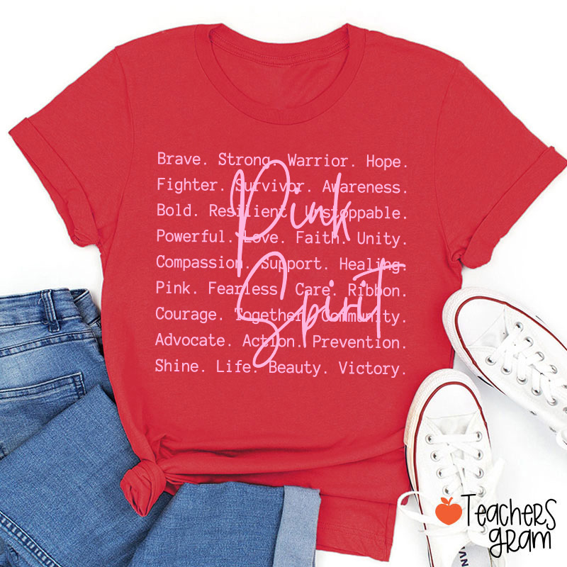 Pink Spirit Motivational Word Collage Graphic Teacher T-Shirt