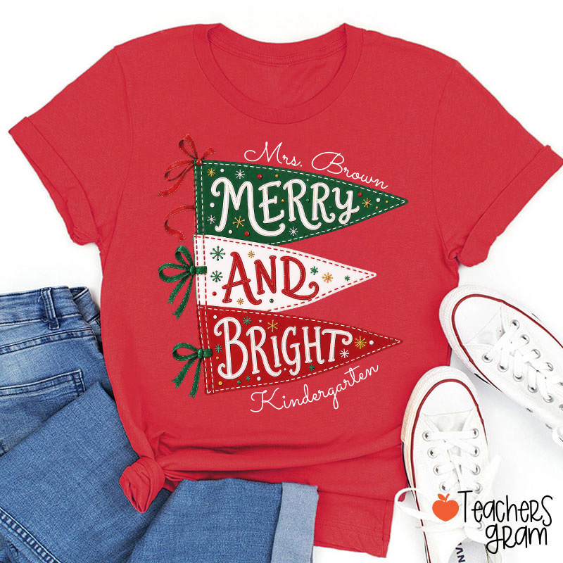 Personalized Name And Grade Merry And Bright Teacher T-Shirt