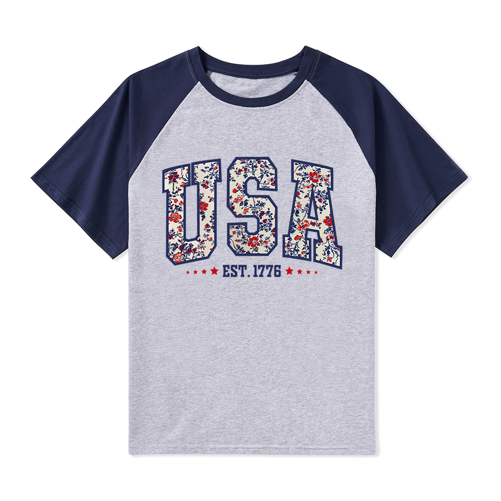 Retro Floral USA Teacher Raglan T-Shirt