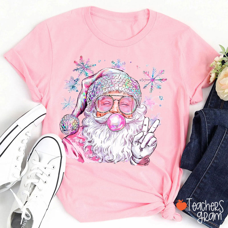 Retro Santa Christmas Blowing Bubble Teacher T-Shirt