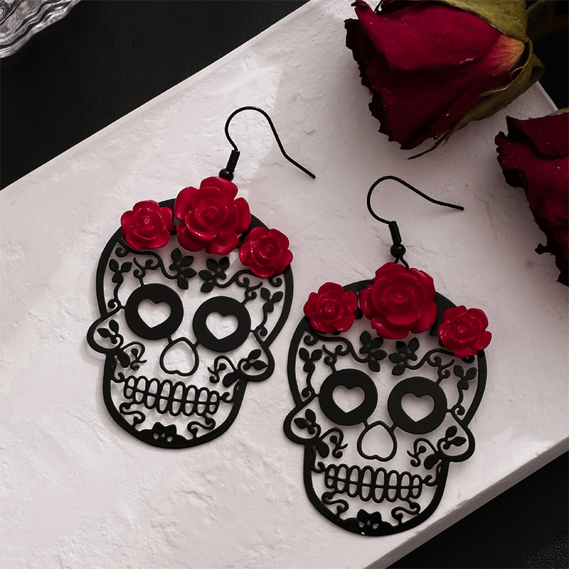 Rose Hollow Skull Teacher Metal Earrings