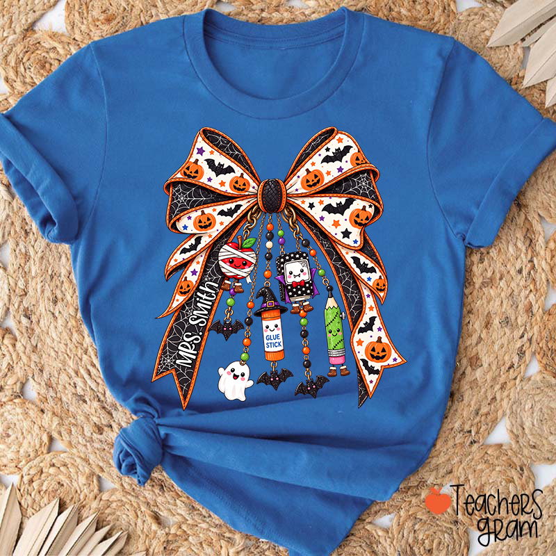 Personalized Name Spooky Charm Bow Teacher T-Shirt