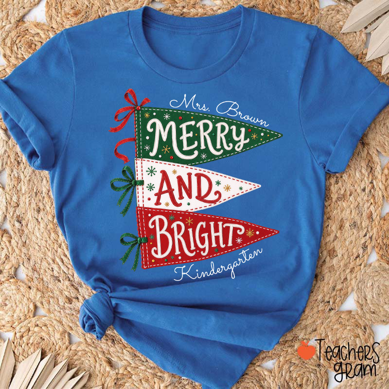 Personalized Name And Grade Merry And Bright Teacher T-Shirt