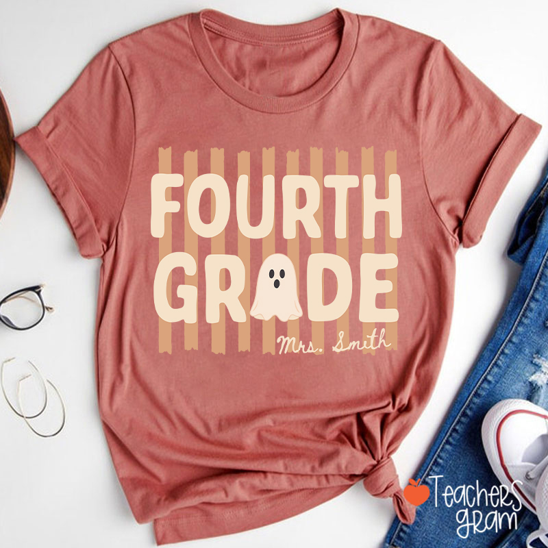 Personalized Grade And Name Cute Ghost Halloween Vibes Teacher T-Shirt