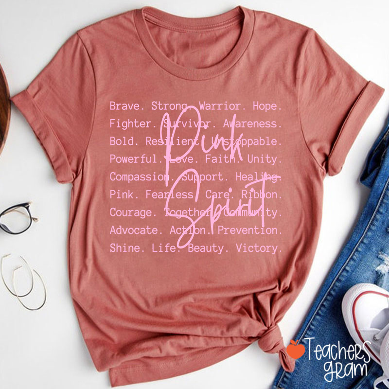 Pink Spirit Motivational Word Collage Graphic Teacher T-Shirt