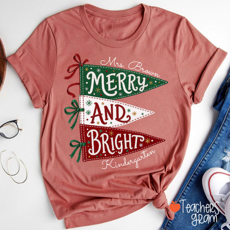Personalized Name And Grade Merry And Bright Teacher T-Shirt