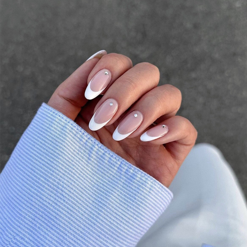 24pcs French Design Diamond Embellishment Teacher Fake Nail