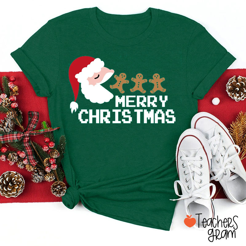 Santa Claus Chasing The Gingerbread Man Teacher T-Shirt