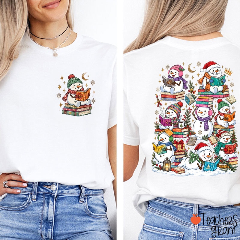Snowmen Book Club Holiday Teacher Two Sided T-Shirt