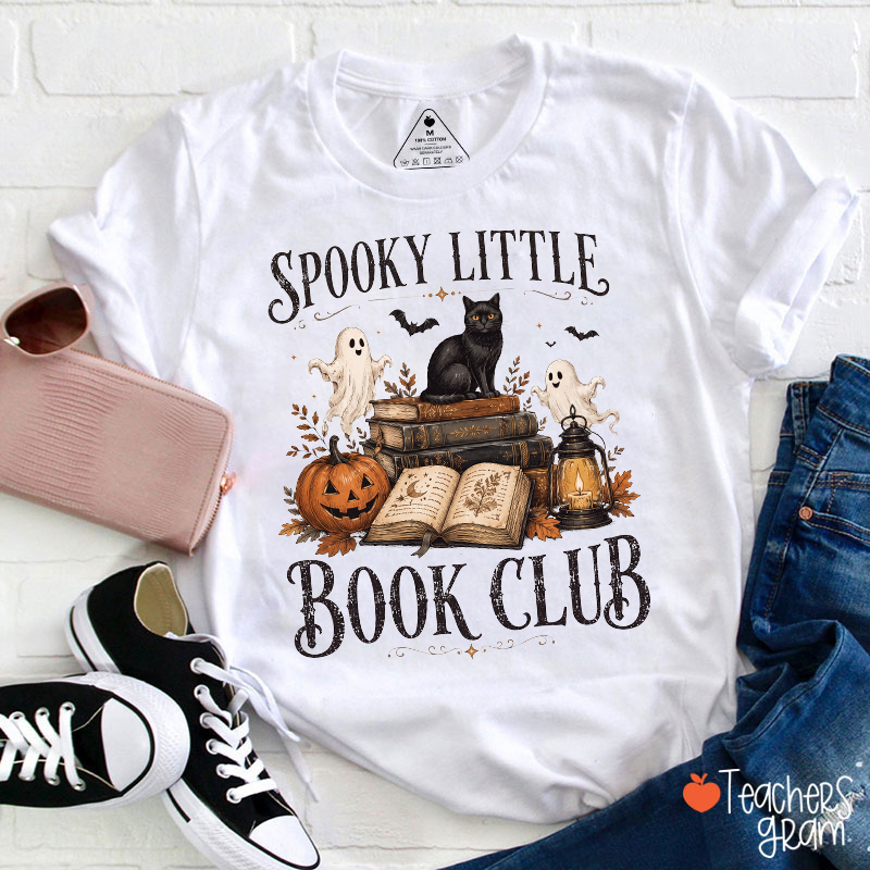Spooky Little Book Club Vintage Halloween Black Cat Ghost Pumpkin Old Book Teacher T‑Shirt