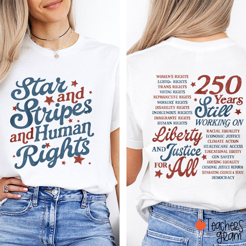 Star And Stripes And Human Rights Teacher Two Sided T-Shirt