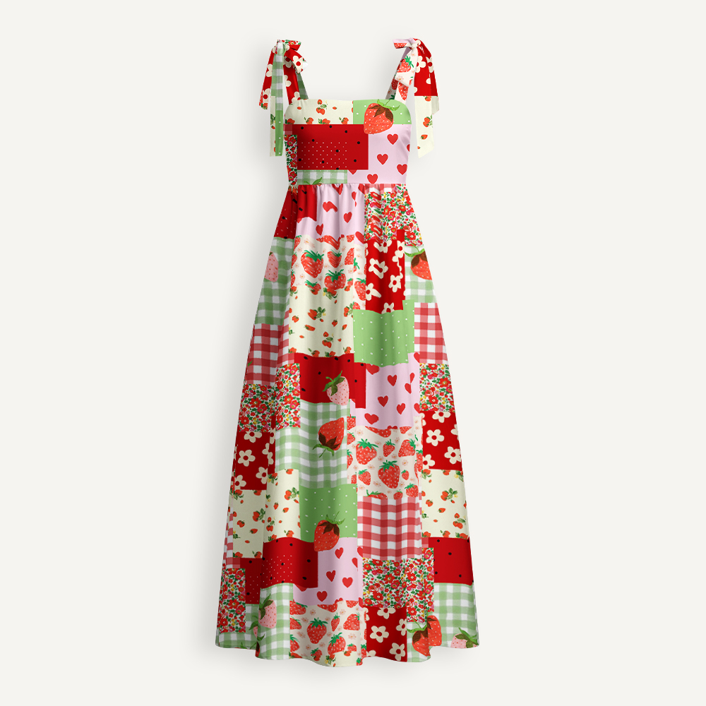 Strawberry Faux Patchwork Print Teacher Tie Shoulder Dress