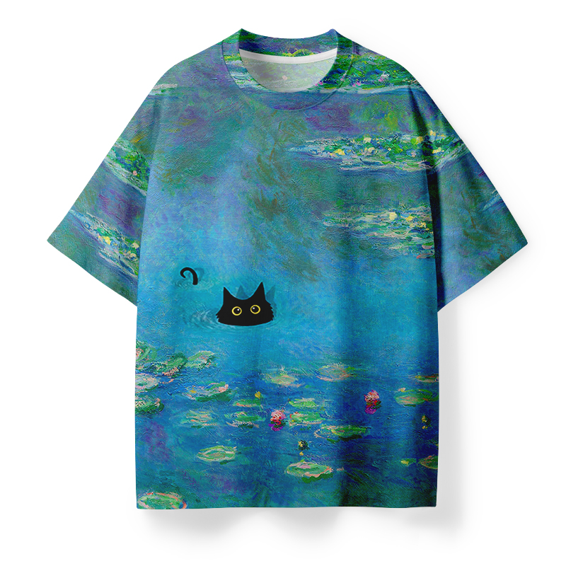 The Tranquil Lake And Black Cat Teacher Eco Oversized Graphic T-Shirt