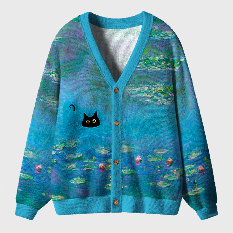 The Tranquil Lake And Black Cat Teacher Ugly Cardigan Sweaters